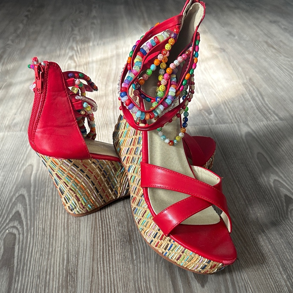 Vibrant Red Beaded Wedge Sandals